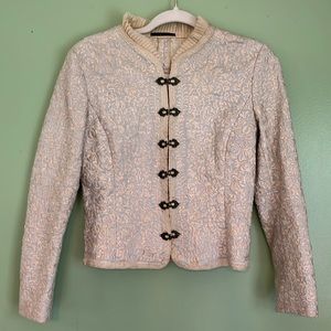 Elie Tahari embroidered cream/gray/lt blue jacket w/metal hook closure. Small